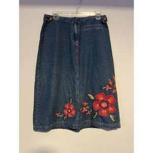 J Jill Floral Embroidered Blue Jean Skirt 6 Festival Boho Y2K Vintage
